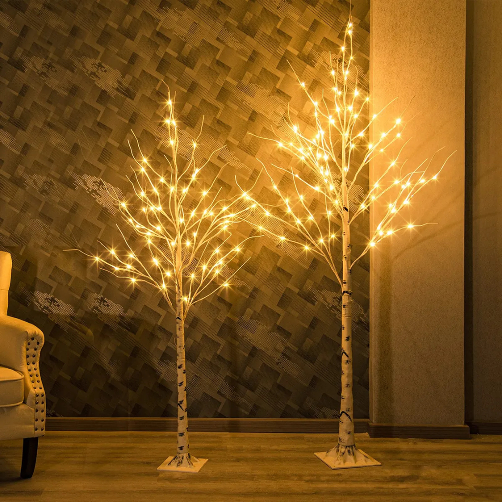 Árvore de Natal de Bétula com 24 LEDs Brilhantes – 60 cm