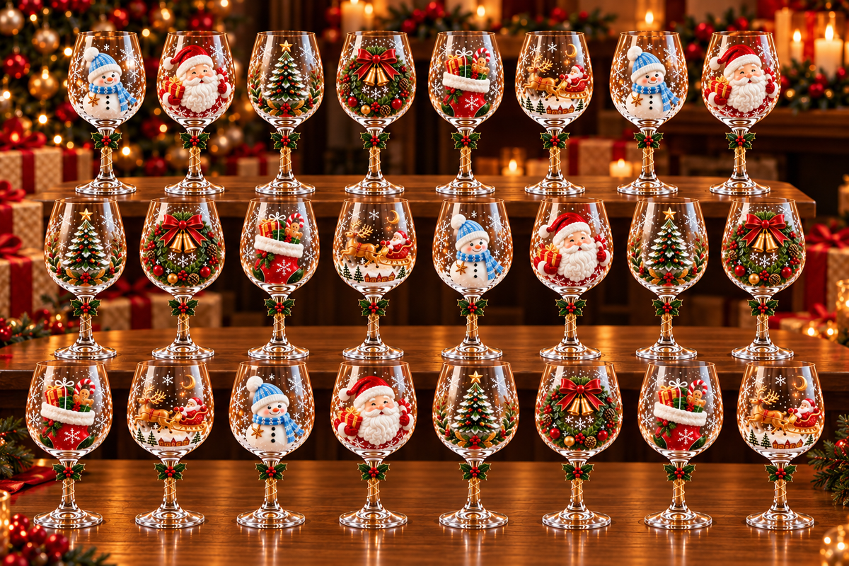 Conjunto de 6 Taças Especial de Natal | Taças de Vidro com relevo em 3D Natalinas