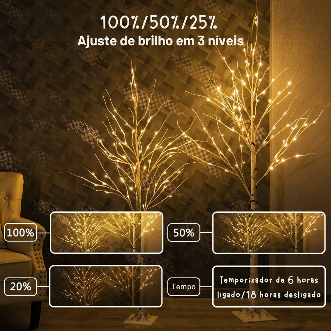 Árvore de Natal de Bétula com 24 LEDs Brilhantes – 60 cm