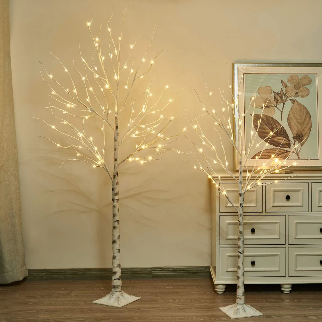 Árvore de Natal de Bétula com 24 LEDs Brilhantes – 60 cm