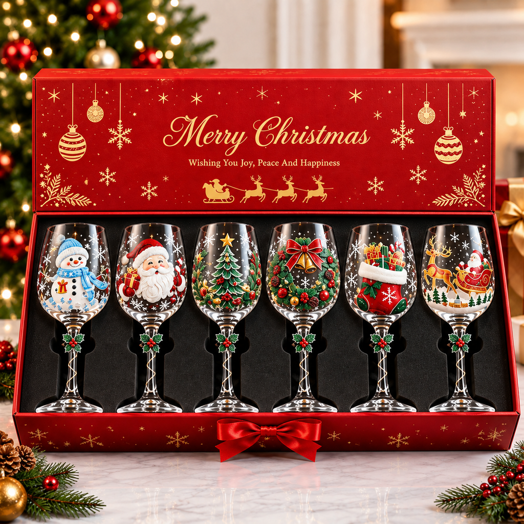 Conjunto de 6 Taças Especial de Natal | Taças de Vidro com relevo em 3D Natalinas
