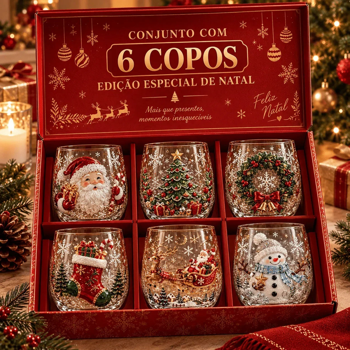 Jogo de copos 6 unidades Especiais de Natal 3D com Caixa 2026