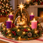 Arranjo de Mesa com 4 Velas e LED, Presépio Sagrada Família e Estrela de Belém