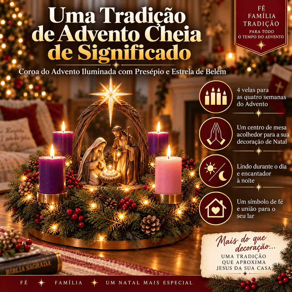 Arranjo de Mesa com 4 Velas e LED, Presépio Sagrada Família e Estrela de Belém