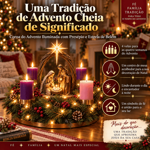 Arranjo de Mesa com 4 Velas e LED, Presépio Sagrada Família e Estrela de Belém