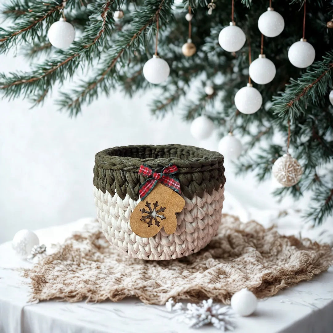Porta Panetone de Crochê - Branco/Verde com Luvinha