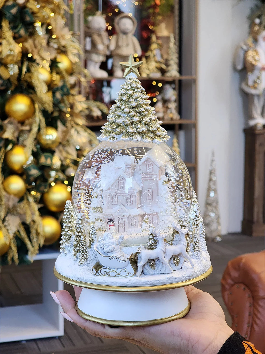 Globo de Natal com Música • Branco e Dourado
